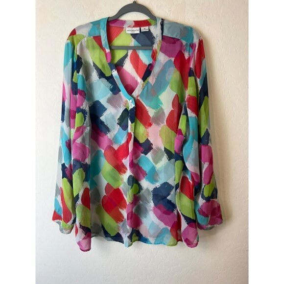 Liz Claiborne Woman 2X Polyester Paint Brush Multicolor Bright Cheery Blouse - Picture 1 of 5